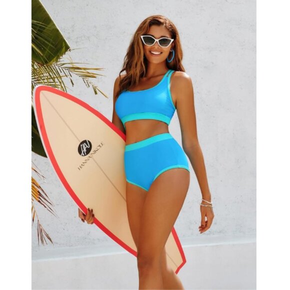 Hanna Nikole High Waisted 2 Piece Bikini Bottom/Top Blue Size Medium NWT - Picture 5 of 10